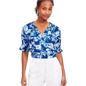 LOFT Corfu Weekend Pleated V-Neck Blue Mediterranean Floral Short Sleeve Blouse